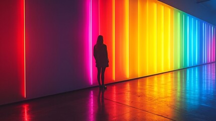 Silhouetted Person Stands Before Glowing Colored Doors Symbolizing Curiosity and Doubt About Choices