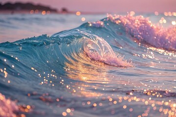 A vibrant ocean wave illuminated by golden sunlight during sunset, sparkling with soft pink and blue hues, creating a serene and magical seascape.