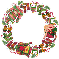 Ugly Christmas sweaters, hat, socks and mittens in a round frame. Watercolor illustration with space for text
