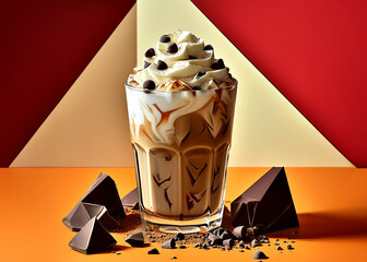 Delightful chocolate dessert creation on a vibrant geometric background