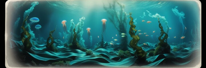 Obraz premium underwater scene with glowing jellyfish floating gracefully amidst seaweed and coral