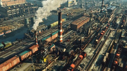 Fototapeta premium Aerial View Industrial Factory Complex with Trains