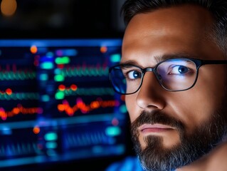 A man with glasses looking at a computer screen