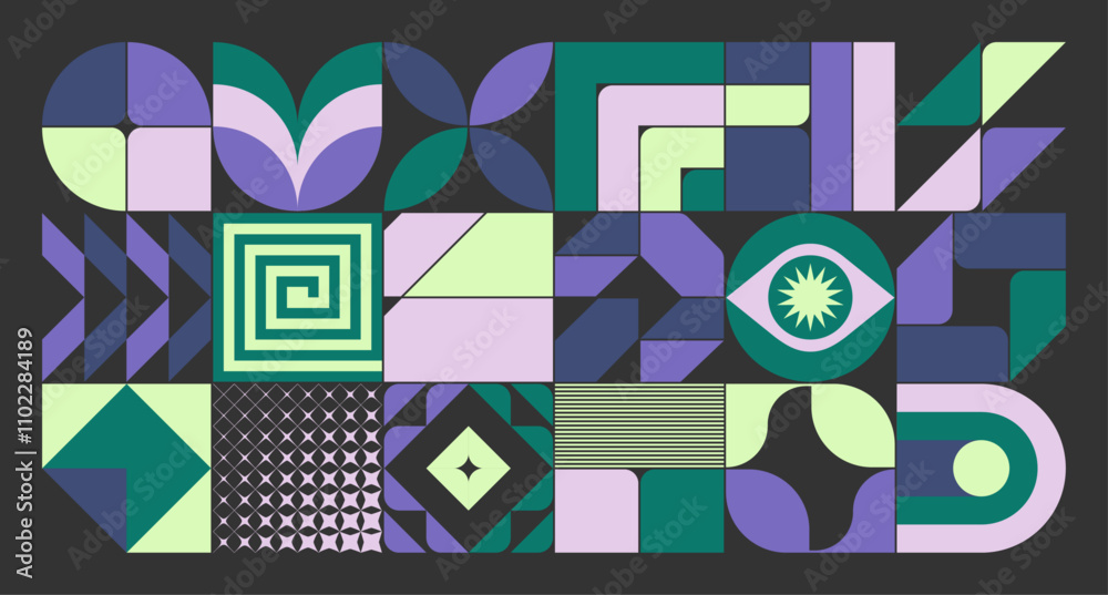 Poster abstract geometric vector shapes and architectural forms, set of various brutalist and modernist ele