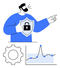 Man in blue holding lock shield pointing forward gear data chart. Ideal for cybersecurity, leadership, data analysis, technology, protection, progress, innovation. Line metaphor
