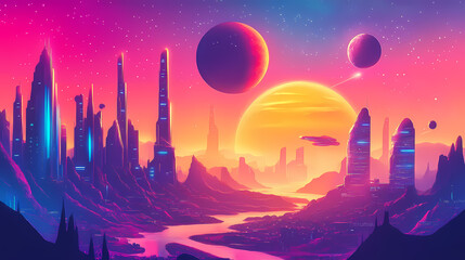 Fototapeta premium Futuristic city on an alien planet, extraterrestrial buildings and spaceships in beautiful landscape, background banner. Alien. Illustration