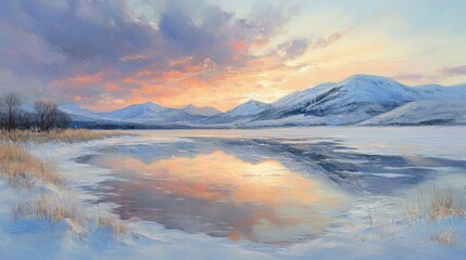 Fototapeta premium A Winter Sunset Over a Frozen Lake With Snowy Mountains in the Background