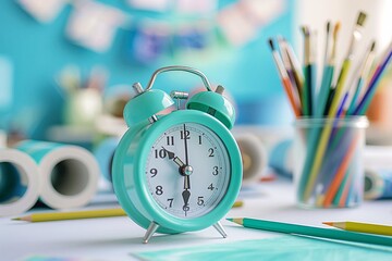 Alarm clock and stationery on the table in the classroom, close-up. Back to school concept.