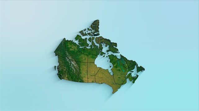 Canada animated map showing provinces forming the country with a physical map background and a chroma key alpha channel.