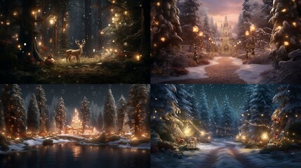 A majestic pine forest adorned with sparkling lights, inviting all creatures to join in the enchantment of a Christmas woodland celebration.