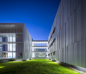 Modern hospital architecture with sleek metallic facade