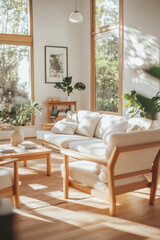 Sunlight illuminating cozy minimalist living room with wooden furniture