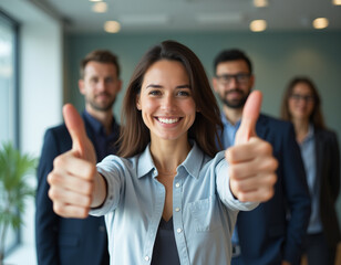 a cheerful young woman in the foreground, smiling brightly and giving two thumbs up, generative AI