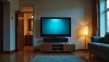 Modern living room with calm atmosphere and TV on stylish furniture, copy space