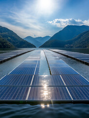 hydropower innovation concept. Floating solar panels reflect sunlight on a serene lake surrounded by mountains under a bright sky.