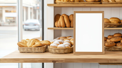 Bakery shop with freshly baked bread on wooden shelves and an empty vertical frame on a counter