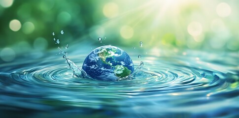 Earth Inside Water Drop with Light Effects and Floating Droplets: Global Environmental Protection Concept. AI generated illustration