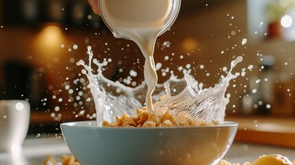 High-speed shot of milk pouring into a bowl of cereal, creating dynamic splashes. The warm kitchen background enhances the cozy, breakfast scene, adding motion and excitement.