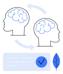 Outlined human heads with brain illustrations, connected by arrows symbolizing idea exchange. Ideal for education, communication, innovation, mental health, teamwork, brainstorming, and collaboration