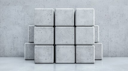 A geometric arrangement of concrete cubes stacked against a plain wall, creating a minimalist aesthetic.