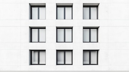 Fototapeta premium A minimalist building facade featuring a grid of six rectangular windows against a plain white wall.