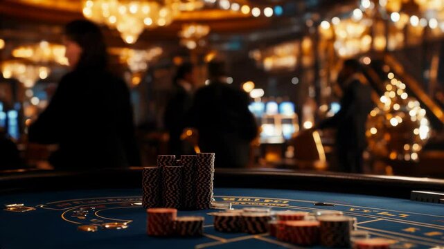 A casino table with casino chips, against the background of a bustling casino hall with casino dealer