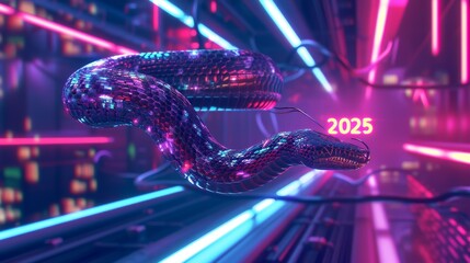 A glowing, futuristic snake slithers through a neon-lit, high-tech environment, with vibrant colors and digital elements. The year 2025 shines brightly in the background, adding a cyberpunk feel to
