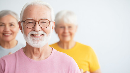 Elderly man happily practicing yoga with friends, embracing a healthy retirement lifestyle