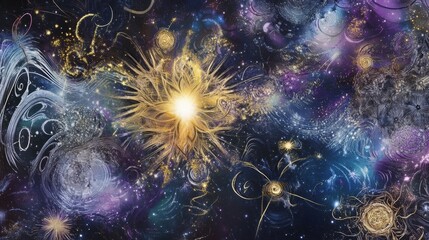 Obraz premium Cosmic abstract backgrounds featuring radiant bursts of light surrounded by swirling patterns in deep purple, midnight blue, and sparkling white. Evokes the grandeur of space and celestial beauty.