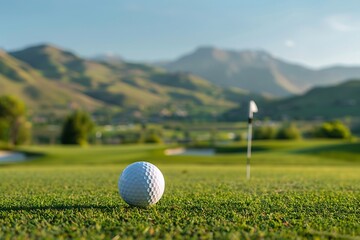 Golf ball on the green grass of a golf course with mountains in the background