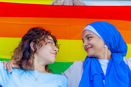 Lesbian couple embracing diversity and LGBTQIA+ pride
