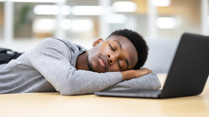 Fototapeta premium College student exhausted from studying, napping on desk next to laptop in the library