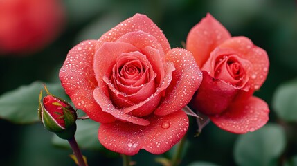 Fresh Roses with Dew Drops in a Vibrant Garden Setting