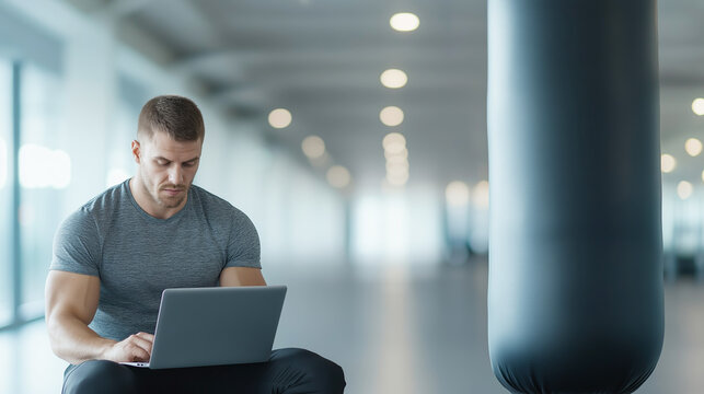 Personal trainer using laptop to create workout plans in a modern gym with punching bag