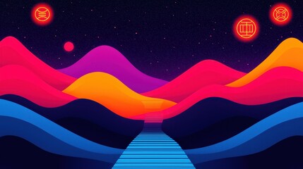 Vibrant Abstract Landscape with Wavy Hills and Starry Night Sky