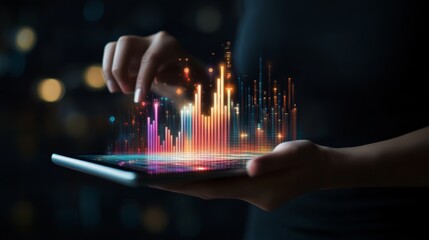 Businesswoman using tablet with futuristic holographic interface analyzing financial investment growth, demonstrating innovative technology in finance