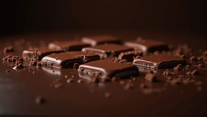 Dark chocolate pieces arranged haphazardly with crumbs against a brown background, creating a rich, indulgent atmosphere. Generative, AI,