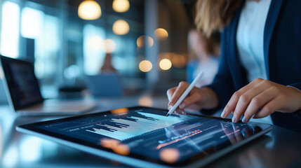 Analyst Woman Reviewing Business Data in Modern Meeting Room
