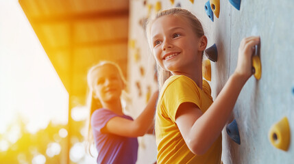 Girl happily practicing rock climbing on indoor gym wall with friend in the background