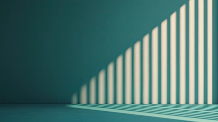 Obraz premium A minimalist scene featuring vertical lines casting shadows on a teal background, creating a geometric pattern and an interesting play of light.