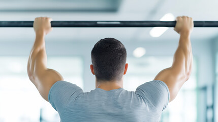 Naklejka premium Rear view of muscular athlete training back muscles, doing pull-ups on horizontal bar in a gym