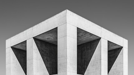 Fototapeta premium A minimalist concrete structure with sharp angles and shadows, showcasing modern architectural design in black and white.