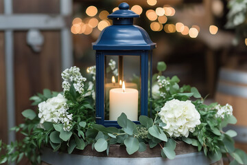 wedding centerpiece featuring a navy blue lantern with candle surrounded by lush white hydrangeas and greenery