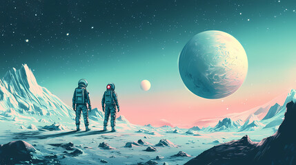 Obraz premium Astronauts exploring the surface of a remote alien planet. Alien. Illustration