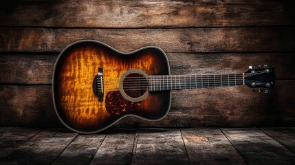 Rustic Acoustic Guitar on Dark Wooden Background