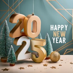 3d text new year 2025 gold realistic rendering new year celebration