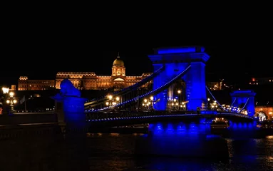 Night panorama of a royal palace in Budapeszt with the illuminated Széchenyi Chain Bridge in the foreground. 
