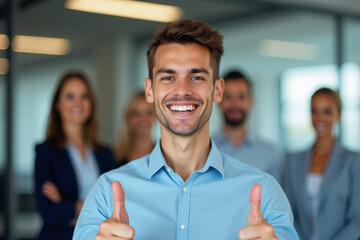 a cheerful young man in the foreground, smiling brightly and giving two thumbs up, generative AI