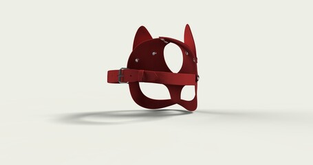 Red leather mask 3D render showcasing bold provocative design for adult role-play fetish themes. Perfect for advertising BDSM accessories sensual fashion erotic product promotions. Back left view