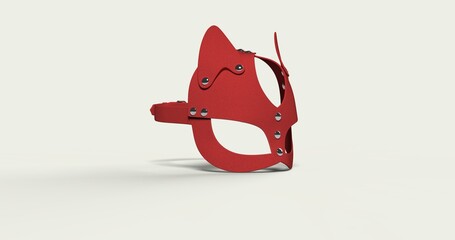 Red leather mask 3D render showcasing bold provocative design for adult role-play fetish themes. Perfect for advertising BDSM accessories sensual fashion erotic product promotions. Front left view